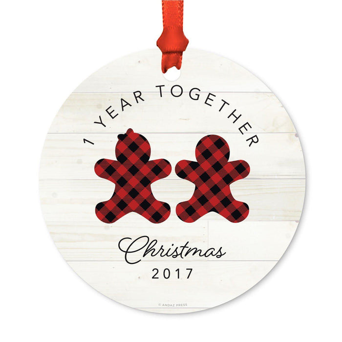 Custom Family Metal Christmas Ornament, Our First Christmas, Lumberjack Buffalo Red Plaid, Year-Set of 1-Andaz Press-Grandma Grandpa-