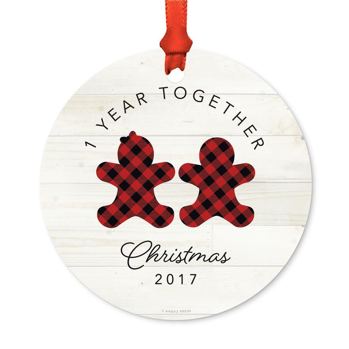 Custom Family Metal Christmas Ornament, Our First Christmas, Lumberjack Buffalo Red Plaid, Year-Set of 1-Andaz Press-Anniversary-