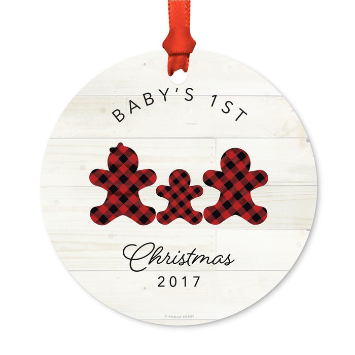 Custom Family Metal Christmas Ornament, Our First Christmas, Lumberjack Buffalo Red Plaid, Year-Set of 1-Andaz Press-Baby's 1st Christmas-