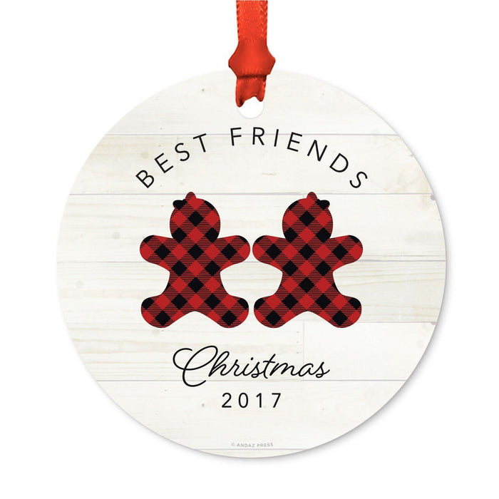 Custom Family Metal Christmas Ornament, Our First Christmas, Lumberjack Buffalo Red Plaid, Year-Set of 1-Andaz Press-Best Friends-
