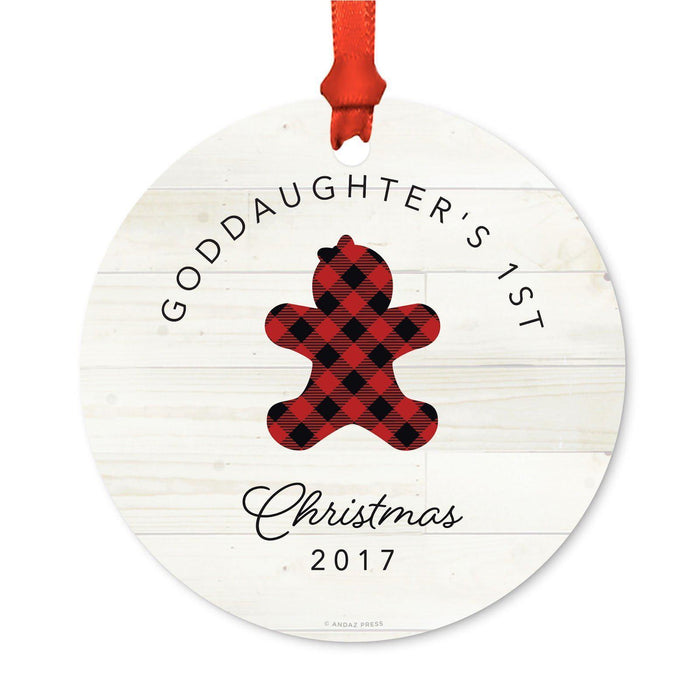 Custom Family Metal Christmas Ornament, Our First Christmas, Lumberjack Buffalo Red Plaid, Year-Set of 1-Andaz Press-Goddaughter's 1st Christmas-