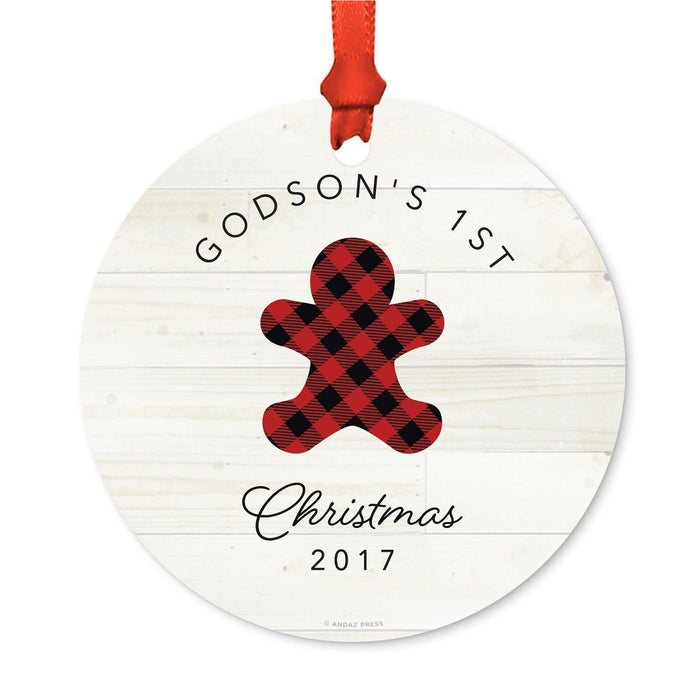 Custom Family Metal Christmas Ornament, Our First Christmas, Lumberjack Buffalo Red Plaid, Year-Set of 1-Andaz Press-Godson's 1st Christmas-