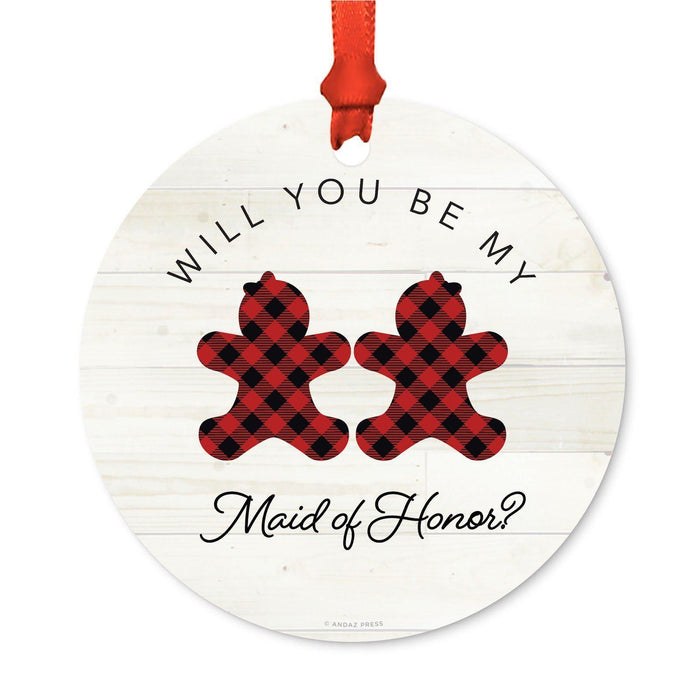 Custom Family Metal Christmas Ornament, Our First Christmas, Lumberjack Buffalo Red Plaid, Year-Set of 1-Andaz Press-My Maid Honor-