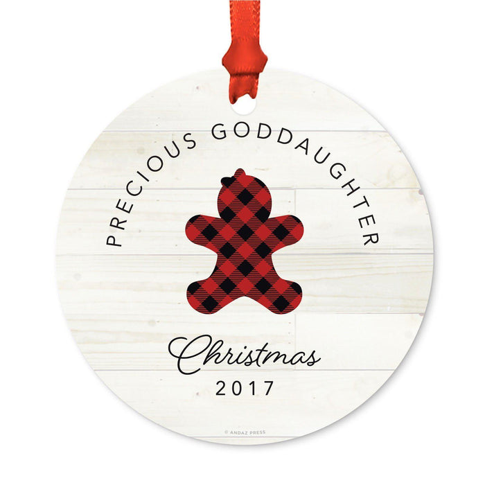 Custom Family Metal Christmas Ornament, Our First Christmas, Lumberjack Buffalo Red Plaid, Year-Set of 1-Andaz Press-Precious Goddaughter-