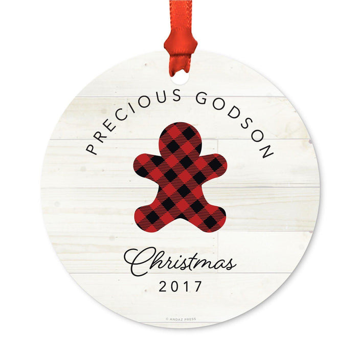 Custom Family Metal Christmas Ornament, Our First Christmas, Lumberjack Buffalo Red Plaid, Year-Set of 1-Andaz Press-Precious Godson-
