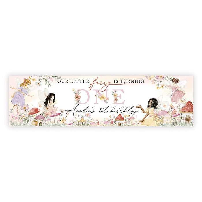 Custom First Birthday Decor: Banner & Backdrop for Girls, Set of 1-Set of 1-Andaz Press-Little Fairy Is Turning One-