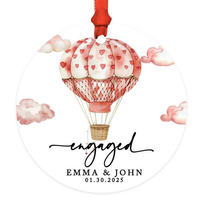Custom First Christmas Ornament Metal Hot Air Balloon for Couples Christmas Tree Decor-Set of 1-Andaz Press-Engaged Neutral Hearts-