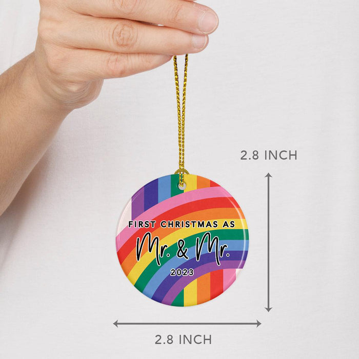 Custom First LGBTQ Round Porcelain Christmas Ornament Keepsake, Set of 1-set of 1-Andaz Press-First Christmas As Mr. & Mr. Rainbow Love-
