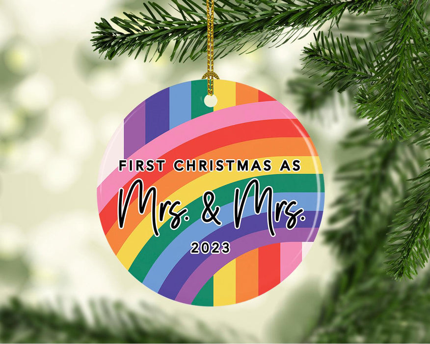 Custom First LGBTQ Round Porcelain Christmas Ornament Keepsake, Set of 1-set of 1-Andaz Press-First Christmas As Mr. & Mr. Rainbow Love-