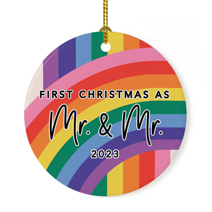 Custom First LGBTQ Round Porcelain Christmas Ornament Keepsake, Set of 1-set of 1-Andaz Press-First Christmas As Mr. & Mr. Rainbow Stripes-