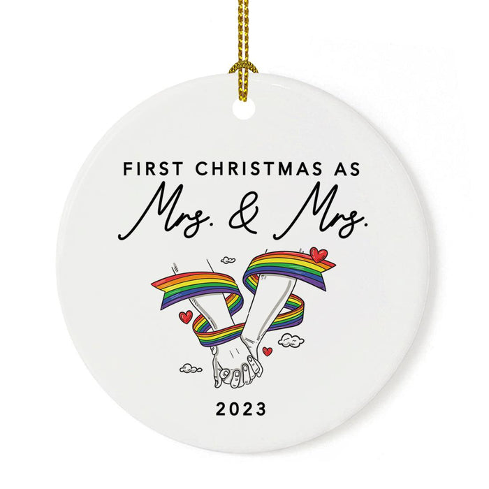 Custom First LGBTQ Round Porcelain Christmas Ornament Keepsake, Set of 1-set of 1-Andaz Press-First Christmas As Mrs. & Mrs. Rainbow Love-