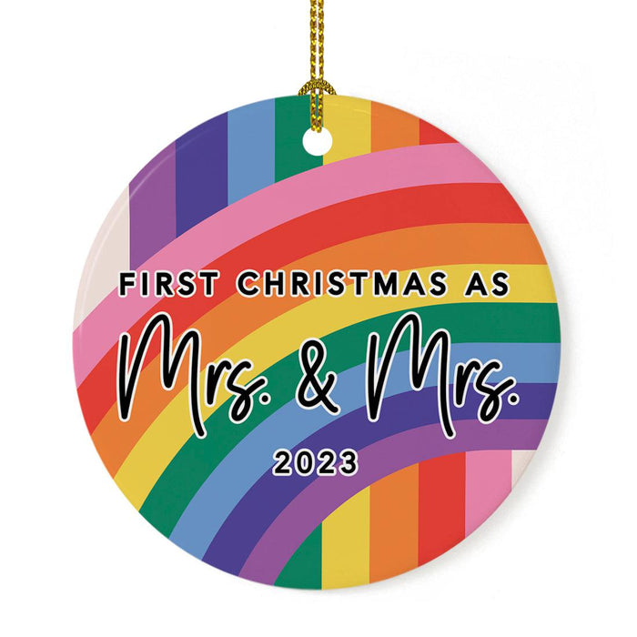 Custom First LGBTQ Round Porcelain Christmas Ornament Keepsake, Set of 1-set of 1-Andaz Press-First Christmas As Mrs. & Mrs. Rainbow Stripes-