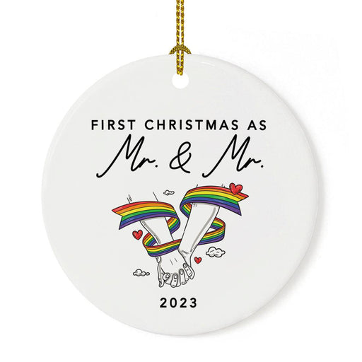 Custom First LGBTQ Round Porcelain Christmas Ornament Keepsake, Set of 1-set of 1-Andaz Press-First Christmas As Mr. & Mr. Rainbow Love-