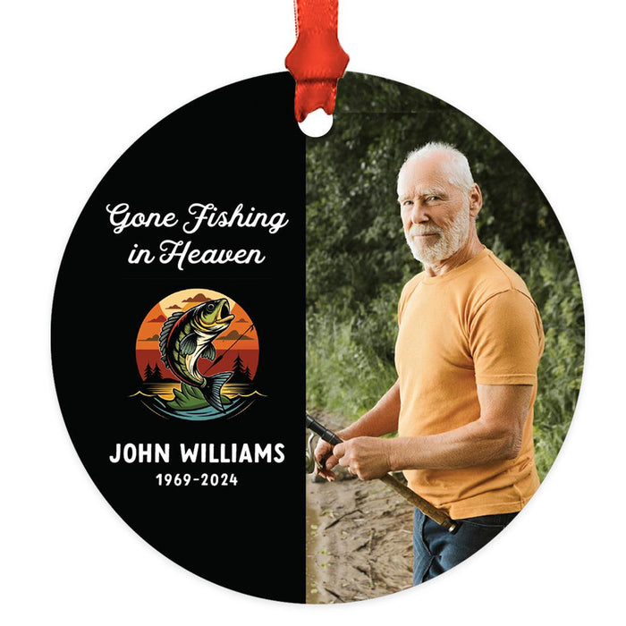 Custom Fly Fishing Metal Ornament 20XX with Photo Memorial Christmas Decor-Set of 1-Andaz Press-Gone Fishing In Heaven Custom Photo-