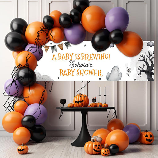 Custom Halloween Baby Shower Banner, Backdrop Welcome Sign, Set of 1-Set of 1-Andaz Press-A Baby Is Brewing-