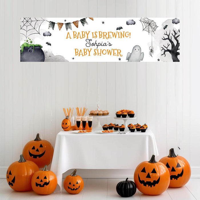 Custom Halloween Baby Shower Banner, Backdrop Welcome Sign, Set of 1-Set of 1-Andaz Press-A Baby Is Brewing-