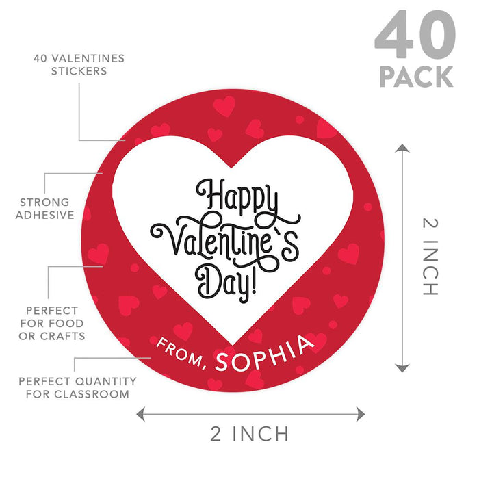 Custom Kids Valentine's Stickers | 2" Circle Happy Valentine's Day Labels for Gift & Craft, Set of 40-Set of 40-Andaz Press-Red Hearts-