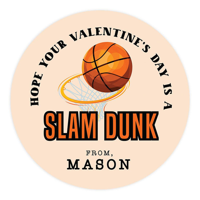 Custom Kids Valentine's Stickers | 2" Circle Happy Valentine's Day Labels for Gift & Craft, Set of 40-Set of 40-Andaz Press-Basketball Theme-