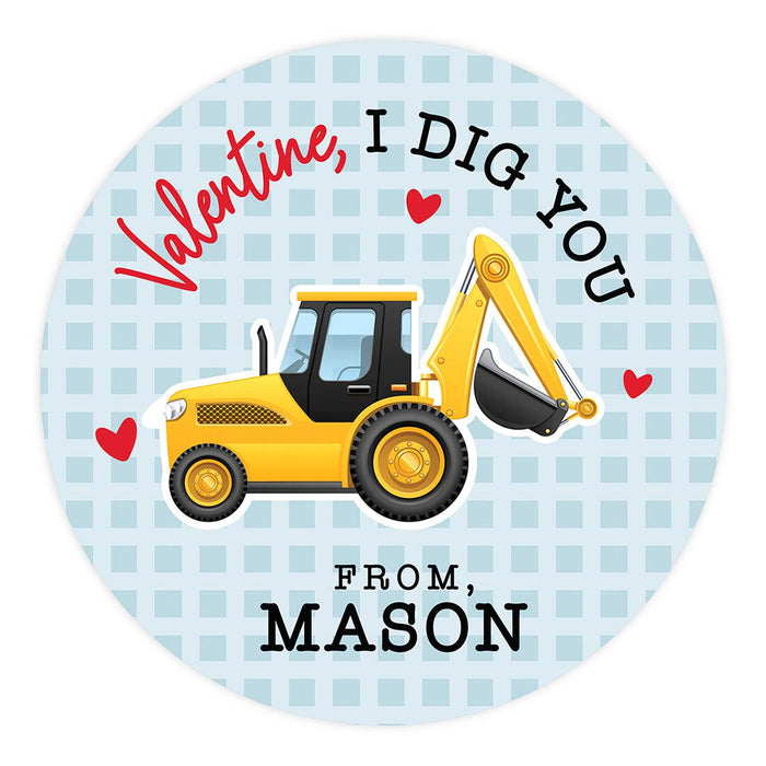 Custom Kids Valentine's Stickers | 2" Circle Happy Valentine's Day Labels for Gift & Craft, Set of 40-Set of 40-Andaz Press-Construction Truck Excavator-