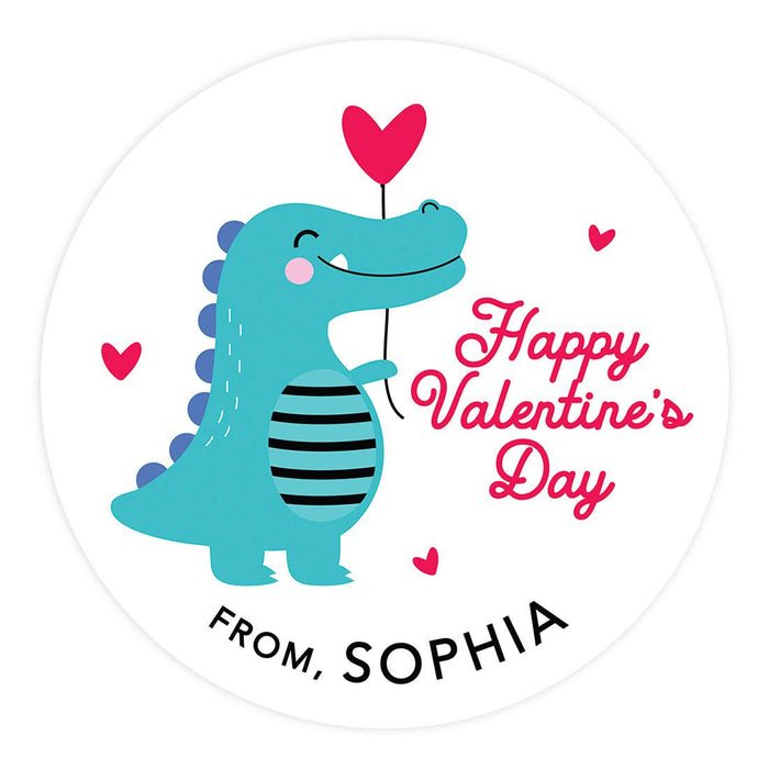 Custom Kids Valentine's Stickers | 2" Circle Happy Valentine's Day Labels for Gift & Craft, Set of 40-Set of 40-Andaz Press-Cute Dinosaur-