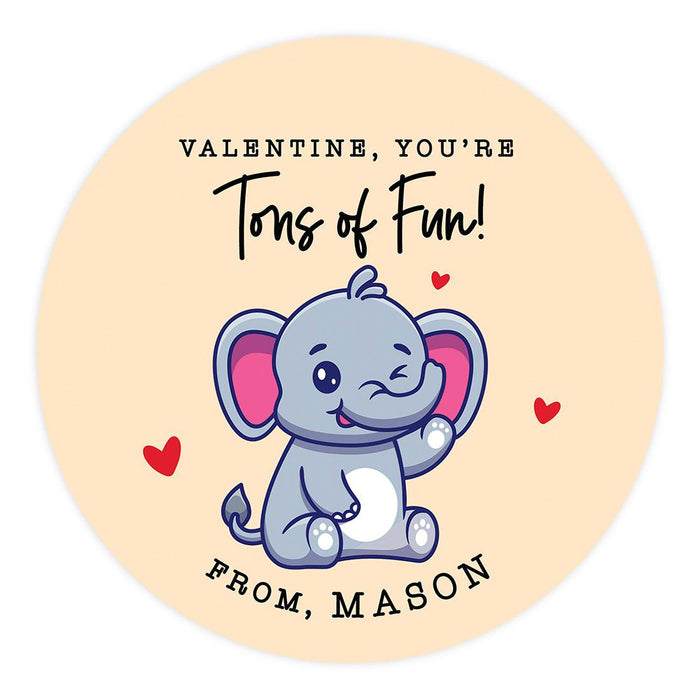 Custom Kids Valentine's Stickers | 2" Circle Happy Valentine's Day Labels for Gift & Craft, Set of 40-Set of 40-Andaz Press-Cute Elephant-