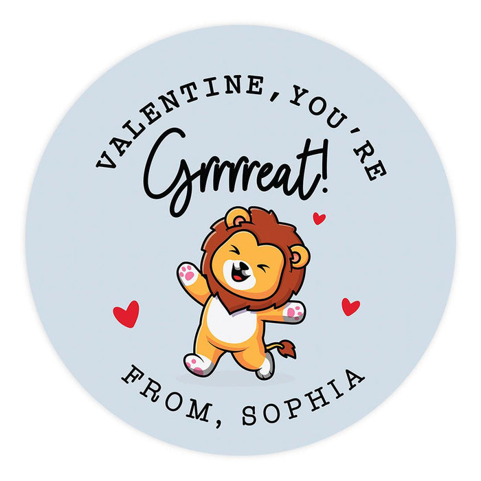 Custom Kids Valentine's Stickers | 2" Circle Happy Valentine's Day Labels for Gift & Craft, Set of 40-Set of 40-Andaz Press-Cute Lion-