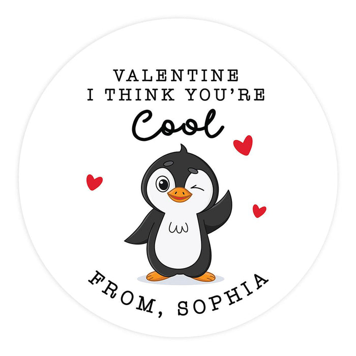 Custom Kids Valentine's Stickers | 2" Circle Happy Valentine's Day Labels for Gift & Craft, Set of 40-Set of 40-Andaz Press-Cute Penguin-