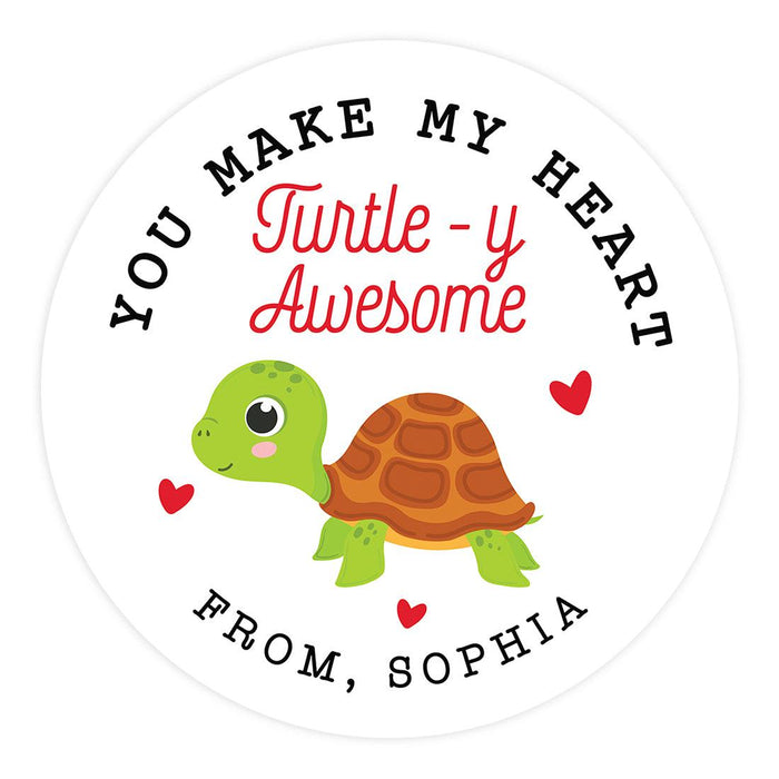 Custom Kids Valentine's Stickers | 2" Circle Happy Valentine's Day Labels for Gift & Craft, Set of 40-Set of 40-Andaz Press-Cute Turtle-