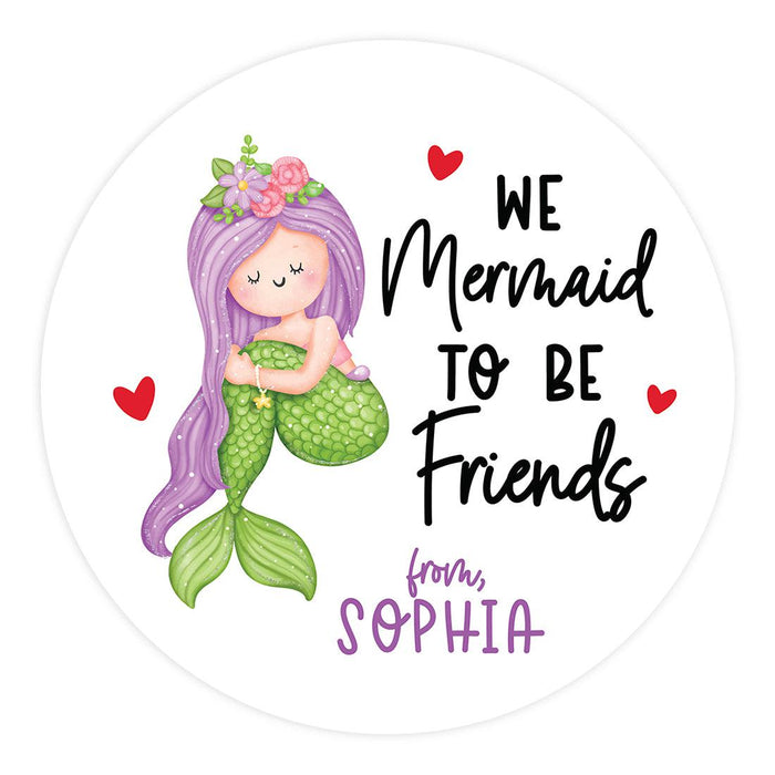 Custom Kids Valentine's Stickers | 2" Circle Happy Valentine's Day Labels for Gift & Craft, Set of 40-Set of 40-Andaz Press-Mermaid-
