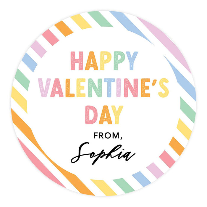 Custom Kids Valentine's Stickers | 2" Circle Happy Valentine's Day Labels for Gift & Craft, Set of 40-Set of 40-Andaz Press-Rainbow Stripes-