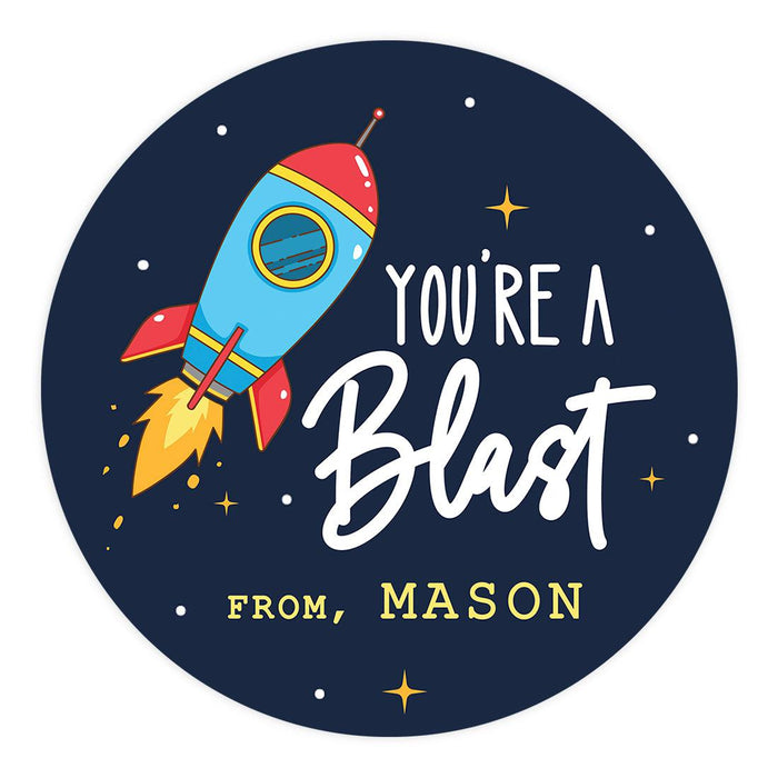 Custom Kids Valentine's Stickers | 2" Circle Happy Valentine's Day Labels for Gift & Craft, Set of 40-Set of 40-Andaz Press-Rocket Ship-