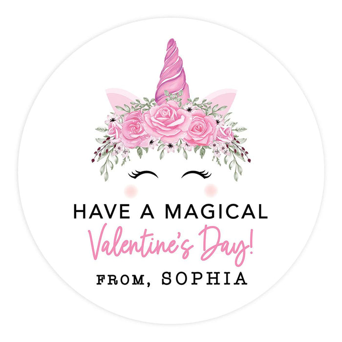 Custom Kids Valentine's Stickers | 2" Circle Happy Valentine's Day Labels for Gift & Craft, Set of 40-Set of 40-Andaz Press-Unicorn-