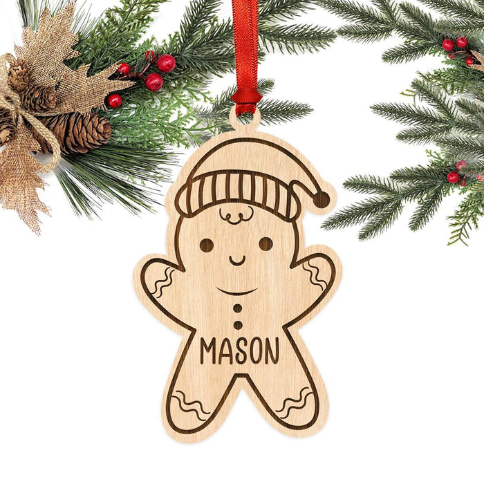 Custom Laser Engraved Wood Gingerbread Ornament for Kids, Set of 1-Set of 1-Andaz Press-Gingerbread with Santa Hat-