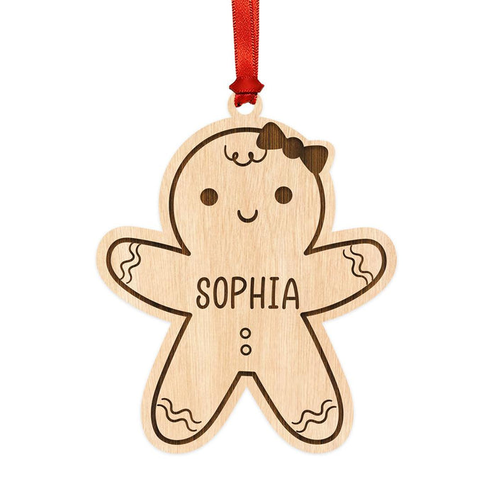Custom Laser Engraved Wood Gingerbread Ornament for Kids, Set of 1-Set of 1-Andaz Press-Gingerbread Girl with Bow-