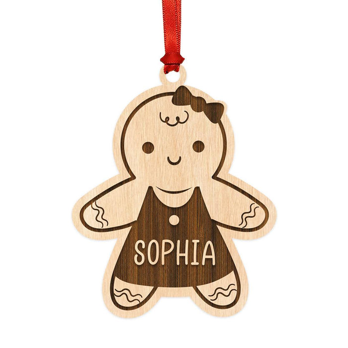 Custom Laser Engraved Wood Gingerbread Ornament for Kids, Set of 1-Set of 1-Andaz Press-Gingerbread Girl with Dress-