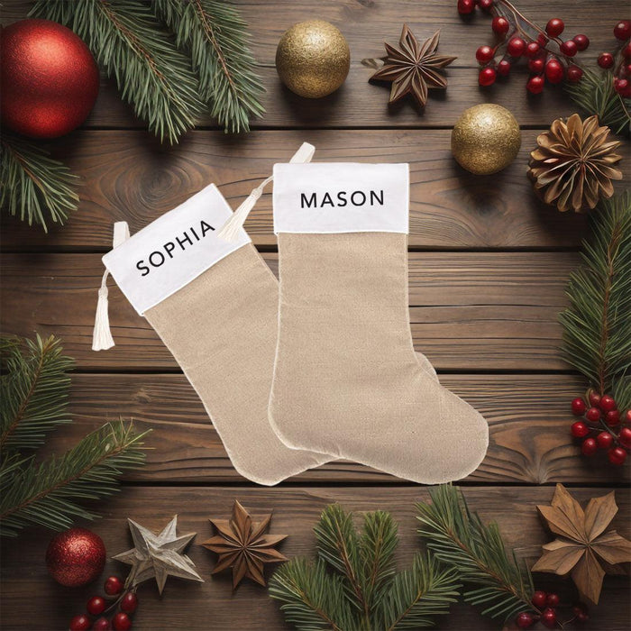 Custom Linen Christmas Stockings with Tassel, Holiday Gifts for Family, Set of 1-Set of 1-Andaz Press-Ivory Stocking-