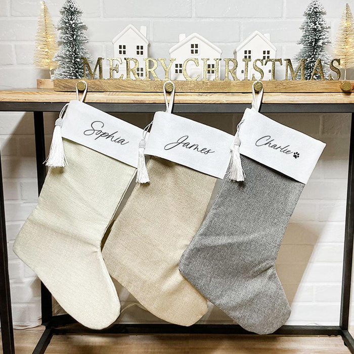 Custom Linen Christmas Stockings with Tassel, Holiday Gifts for Family, Set of 1-Set of 1-Andaz Press-Ivory Stocking-