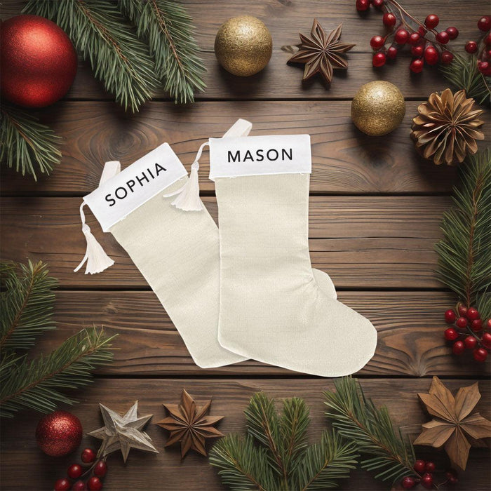 Custom Linen Christmas Stockings with Tassel, Holiday Gifts for Family, Set of 1-Set of 1-Andaz Press-Ivory Stocking-