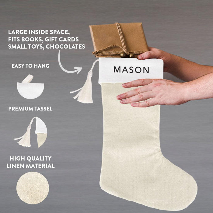 Custom Linen Christmas Stockings with Tassel, Holiday Gifts for Family, Set of 1-Set of 1-Andaz Press-Ivory Stocking-
