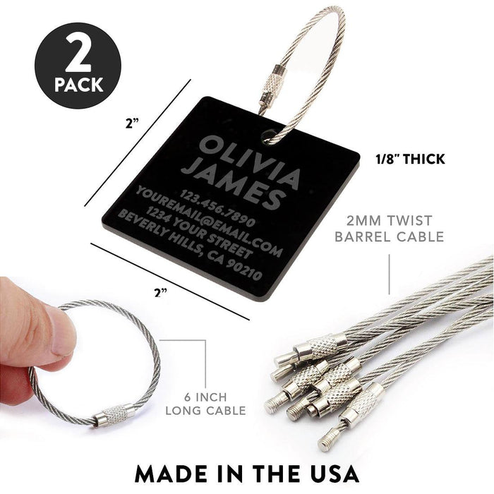 Custom Luggage Tags with Stainless Steel Loops, Laser Engraved Acrylic ID Tags, Set of 2-Set of 2-Andaz Press-Black-