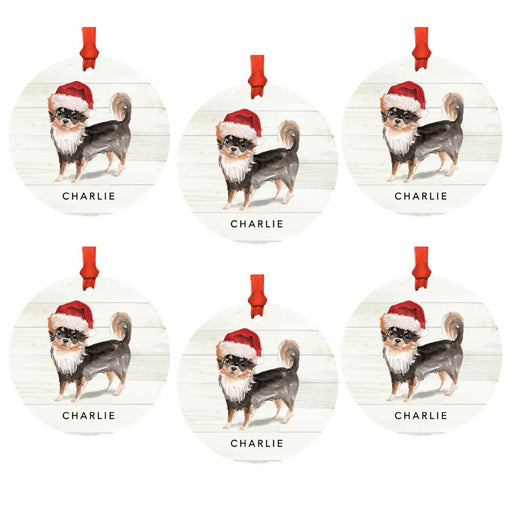 Custom Metal Christmas Ornament, Long Haired Chihuahua with Santa Hat, Custom Name-Set of 6-Andaz Press-
