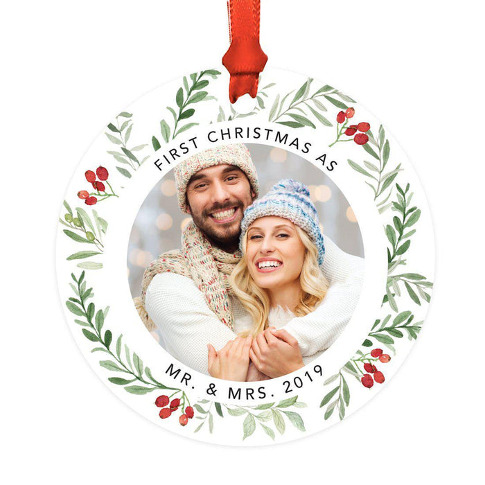Custom Metal Christmas Ornament with Red and Green Berries, Leaves, and Our First Christmas-Set of 1-Andaz Press-Family-
