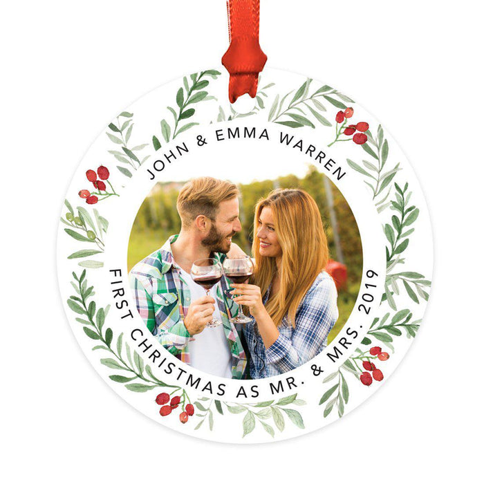Custom Metal Christmas Ornament with Red and Green Berries, Leaves, and Our First Christmas-Set of 1-Andaz Press-First Christmas as Mr. & Mrs.-