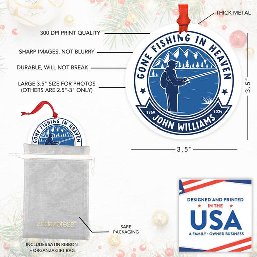 Custom Metal Fly Fishing Ornament 20XX Funny Family Christmas Decor-Set of 1-Andaz Press-Gone Fishing In Heaven-