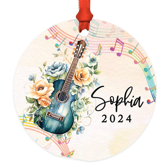 Custom Metal Guitar Ornament, 20XX Christmas Tree Decoration for Guitar Players-Set of 1-Andaz Press-Classic Acoustic Guitar with Florals-