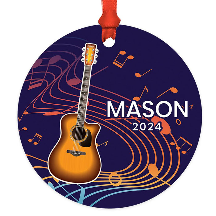 Custom Metal Guitar Ornament, 20XX Christmas Tree Decoration for Guitar Players-Set of 1-Andaz Press-Acoustic Guitar with Colorful Music Notes-