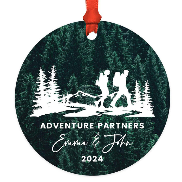 Custom Metal Hiking Engagement Ornament for Christmas Tree, Hiking Ornament for Couples-Set of 1-Andaz Press-Our Adventure Awaits-