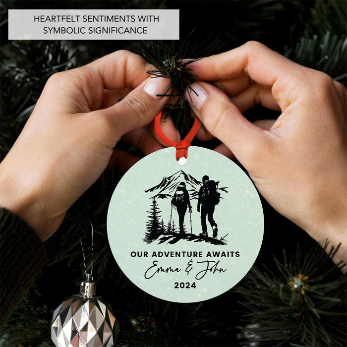 Custom Metal Hiking Engagement Ornament for Christmas Tree, Hiking Ornament for Couples-Set of 1-Andaz Press-Our Adventure Awaits-