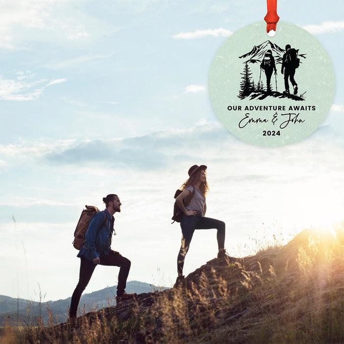 Custom Metal Hiking Engagement Ornament for Christmas Tree, Hiking Ornament for Couples-Set of 1-Andaz Press-Our Adventure Awaits-