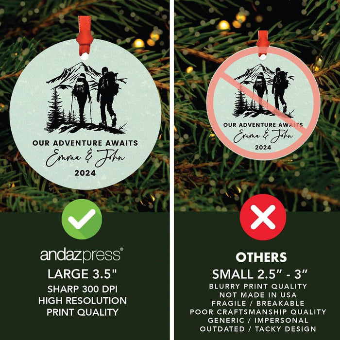Custom Metal Hiking Engagement Ornament for Christmas Tree, Hiking Ornament for Couples-Set of 1-Andaz Press-Our Adventure Awaits-